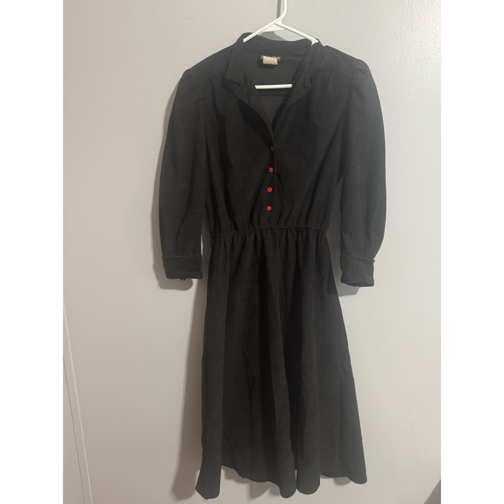 Staurt Alan Black Gothic Longsleeve Dress Collar Red Buttons VTG Women's 14